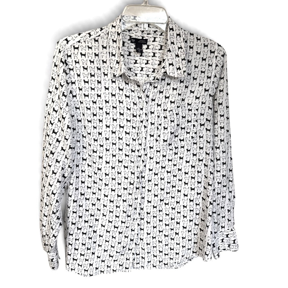 Gap Cat Print Button Down Shirt Womens L White Black Cotton Long Sleeve Whimsy